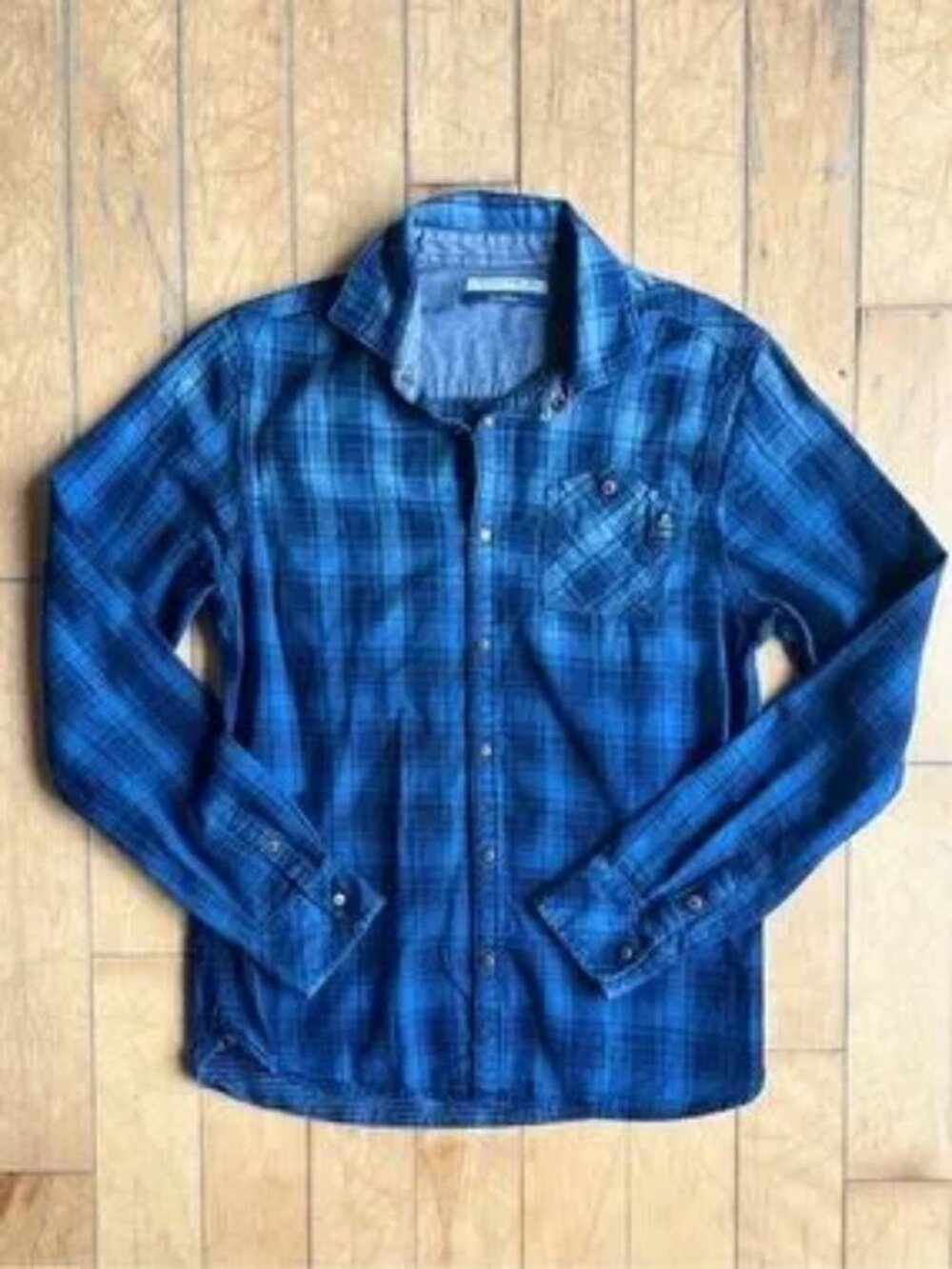 Scotch Shrunk Boys 100% Cotton Blue Plaid Snap-Front Flannel Shirt Size 14